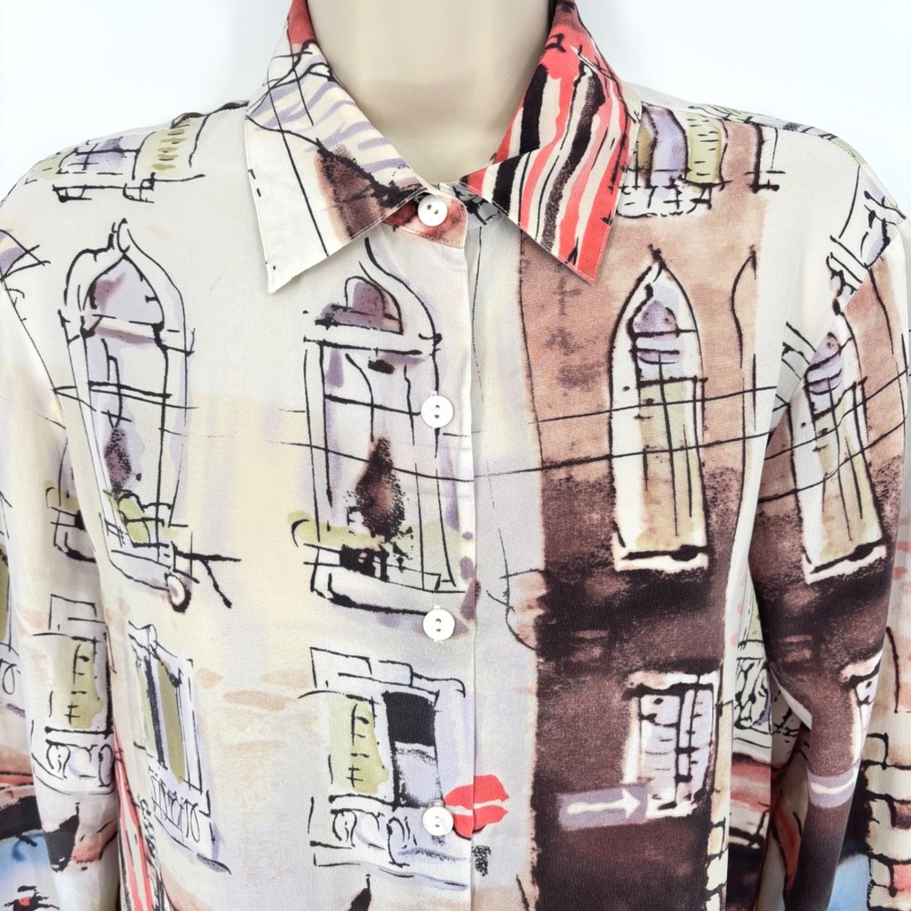 Michael Leu Venice Canal Gondola Art Print Button Down Silk Blouse Shirt Mens M